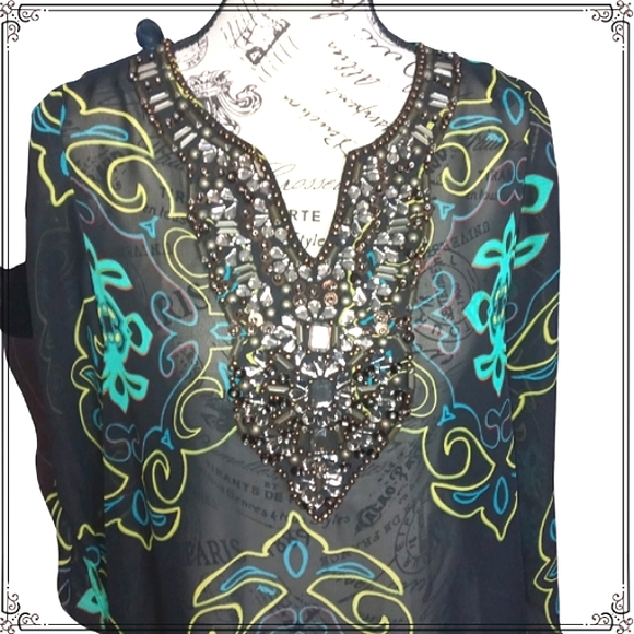 Madison Sheer Rhinestone Swim Suit Tunic Cover Size Med - Picture 2 of 10